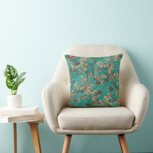 Pink and Red Cherry Blossoms on Bright Teal Cushion