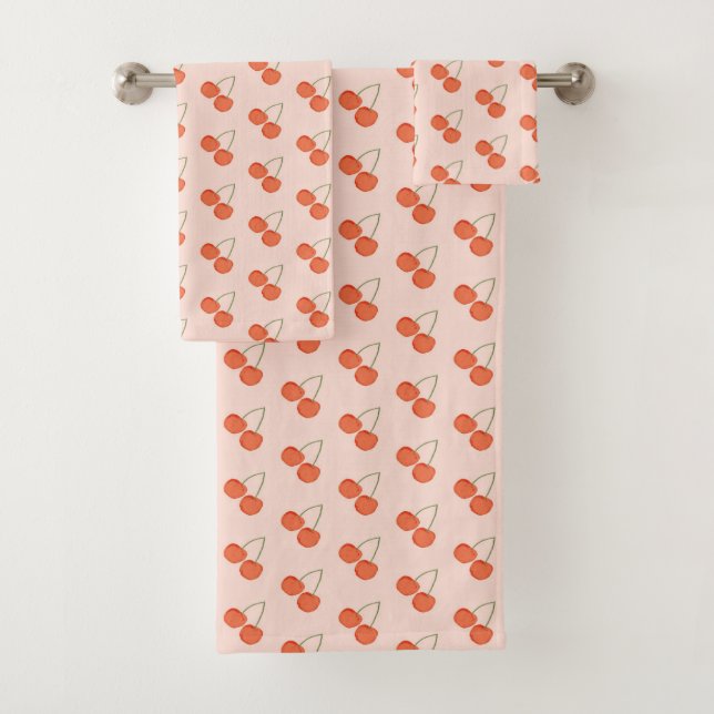 Pink and Red Cherry Fruit Pattern  Bath Towel Set (Insitu)