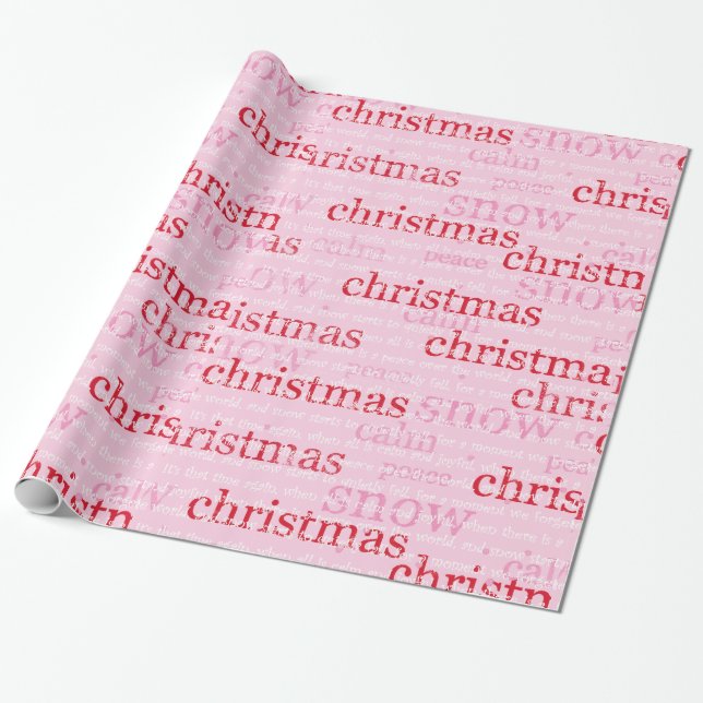 Pink and Red Christmas and Snow Words Holiday Wrapping Paper (Unrolled)