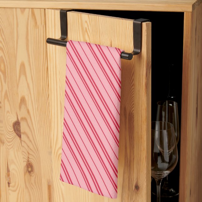 Pink and Red Christmas Candy Cane Stripes  Tea Towel (Thirds Fold)
