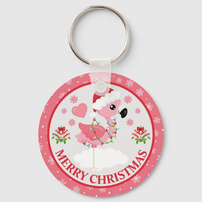 Pink and Red Christmas Flamingo Winter Key Ring (Front)