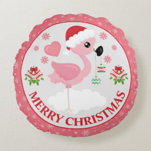 Pink and Red Christmas Flamingo Winter Mittens Round Cushion