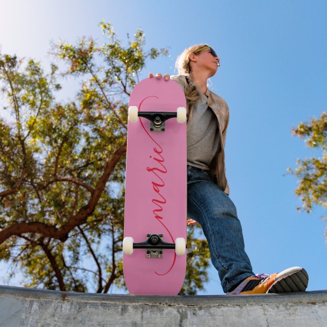 Pink and Red Classy Curved Swash Signature Name Skateboard (Outdoor 1)