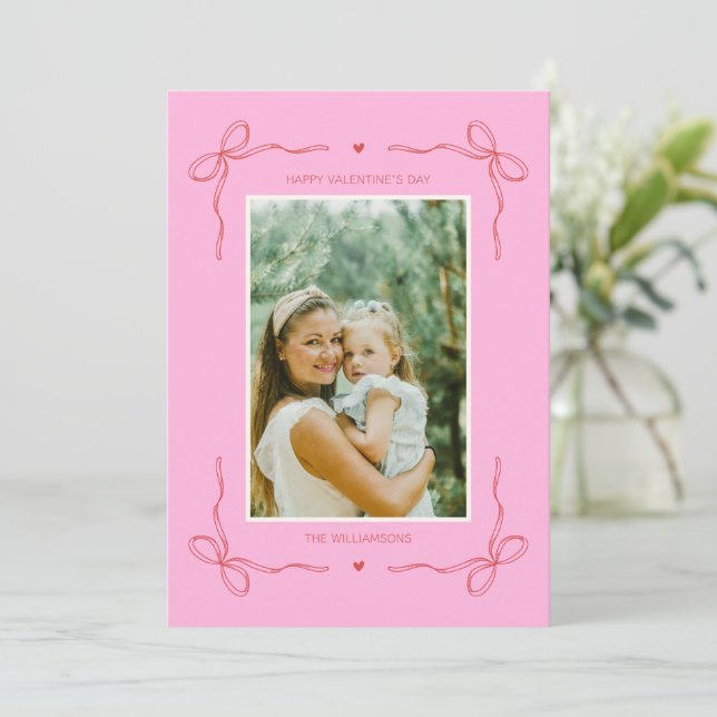 Pink and Red Coquette Bow Valentine's Day Photo Holiday Card (Standing Front)