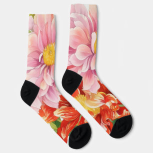 Pink and Red Dahlia Flowers Floral Art Socks