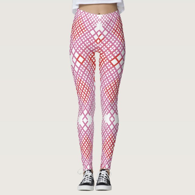Pink and Red Diagonal Lines Chequered Pattern Leggings (Front)