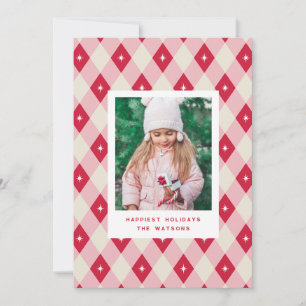 Pink and Red Diamond Pattern Christmas Photo Holiday Card