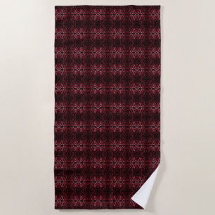 Pink And Red Dots And Squiggles Pattern On Black Beach Towel