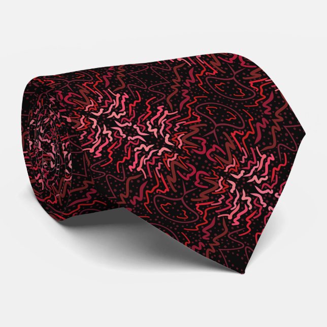 Pink And Red Dots And Squiggles Pattern On Black Tie (Rolled)