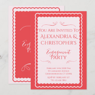 Pink and Red Engagement Party Scallop Border Invitation