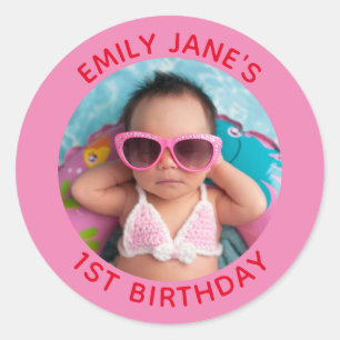 Pink and Red Family Photo 1st Birthday Favour Classic Round Sticker