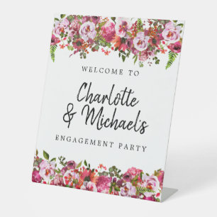 Pink and Red Floral Engagement Party Welcome Pedestal Sign