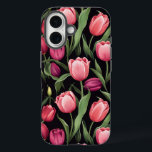 Pink and Red Floral Tulip Apple iPhone 16 Case<br><div class="desc">This phone case features a design with vibrant pink and red tulip flowers against a dark black background. The lush green tulip leaves add contrast, bringing a fresh pop of colour to the dark background. This bold floral pattern exudes elegance and sophistication and is perfect for anyone who loves a...</div>