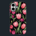 Pink and Red Floral Tulip Apple iPhone 16 Case<br><div class="desc">This phone case features a design with vibrant pink and red tulip flowers against a dark black background. The lush green tulip leaves add contrast, bringing a fresh pop of colour to the dark background. This bold floral pattern exudes elegance and sophistication and is perfect for anyone who loves a...</div>