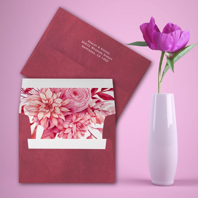 Pink and red flowers and foliage summer wedding envelope (Creator Uploaded)