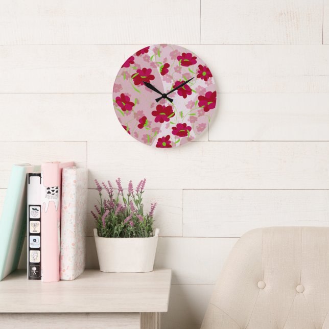 Pink and Red Flowers - Floral Large Clock (Reading Room)