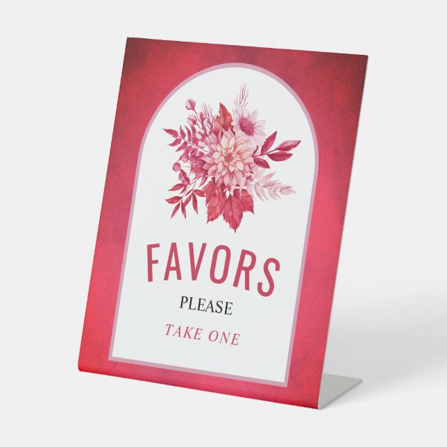 Pink and red flowers, leaves wedding Favours Pedestal Sign (Front)