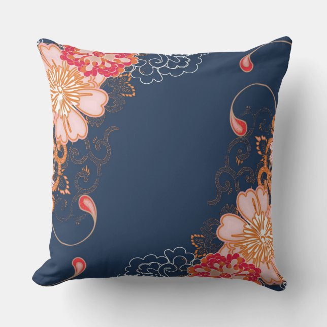 Pink and Red Flowers on Blue Throw Pillow (Front)