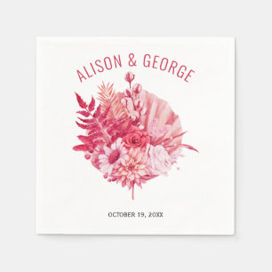 Pink and red flowers, palm leaf wedding napkin