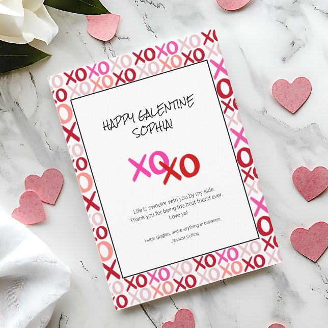 Pink and Red Galentines XOXO Modern Best Friend Holiday Card (Pink and Red Galentines XOXO Modern Best Friend Holiday Card)