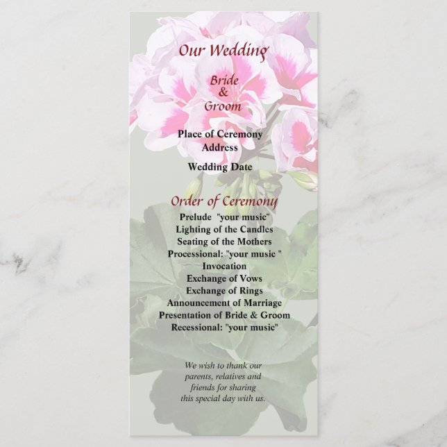 Pink and Red Geranium Wedding Program Programme (Front)