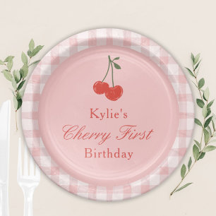 Pink and Red Girl's Cherry First Birthday Paper Plate