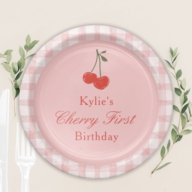 Pink and Red Girl's Cherry First Birthday Paper Plate (Creator Uploaded)