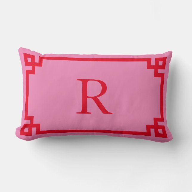 Pink and Red Greek Key Monogram Lumbar Cushion (Front)