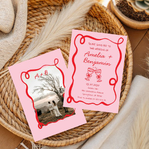 pink and red hand drawn heart Whimsical Wedding  Invitation