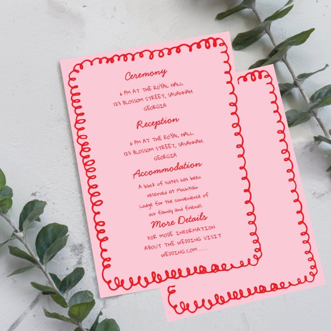 Pink and Red hand drawn heart Whimsical Wedding  Invitation (Creator Uploaded)