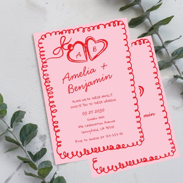 pink and red hand drawn heart Whimsical Wedding  Invitation (Creator Uploaded)