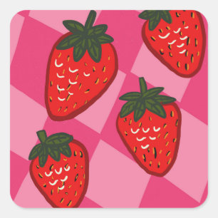 Pink and Red Hand Drawn Strawberry Chequered Square Sticker