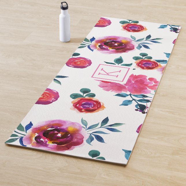 Pink and red hand-painted roses pattern yoga mat (In Situ)