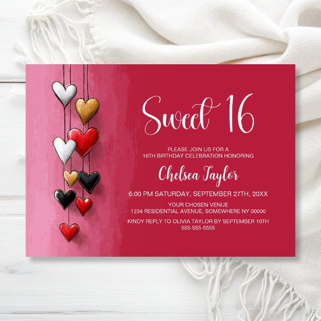 Pink and Red Heart Theme Sweet 16 Birthday Invitation (Creator Uploaded)