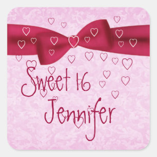 Pink and Red Heart with Bow - Sweet 16 Square Sticker