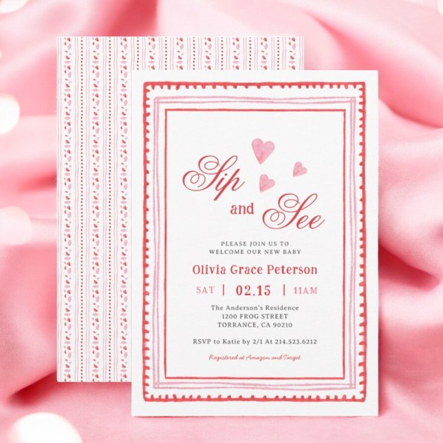 Pink and Red Hearts New Baby Sip and See Girl  Invitation (Creator Uploaded)