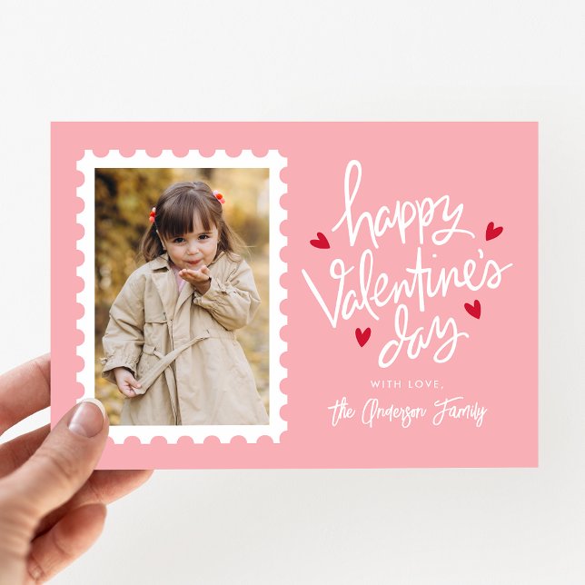 Pink and Red Hearts Stamp Photo Valentine's Day Holiday Card (Creator Uploaded)
