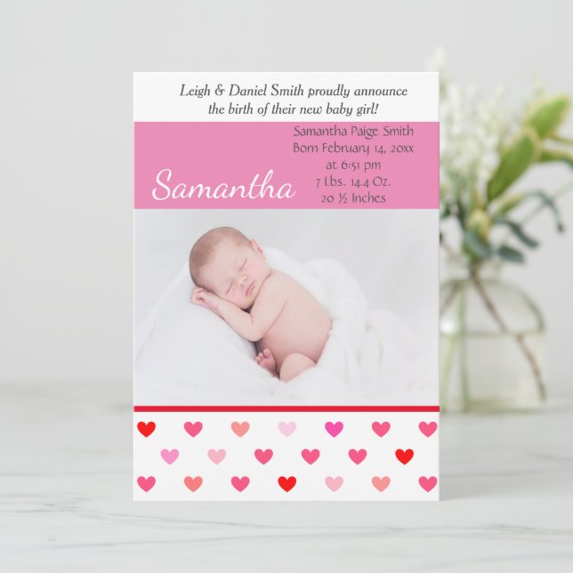 Pink and Red Hearts Valentine Photo Birth Announcement (Standing Front)