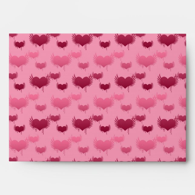 Pink and Red Hearts with Wings Pattern Envelopes (Front)