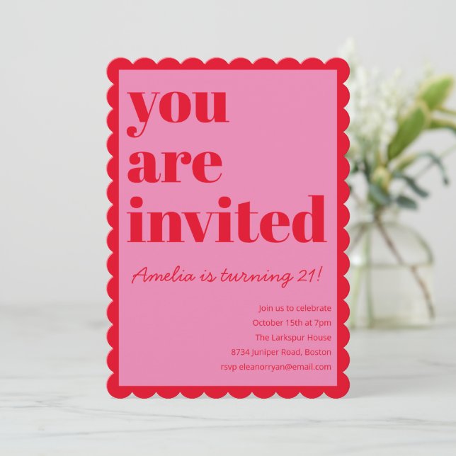 Pink and Red Modern 21st Scalloped Birthday Party Invitation (Standing Front)