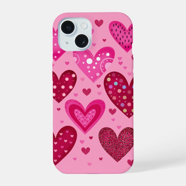 Pink and Red Patterned Hearts iPhone 15 Case (Back)