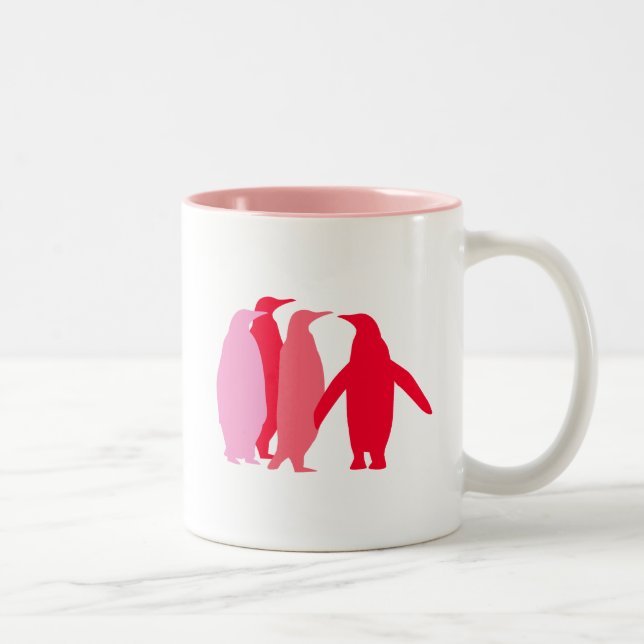 Pink and Red Penguins Two-Tone Coffee Mug (Right)