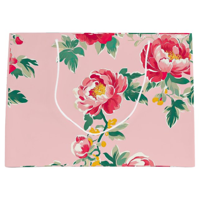 Pink and Red Peony Chinoiserie Floral Large Gift Bag (Front)
