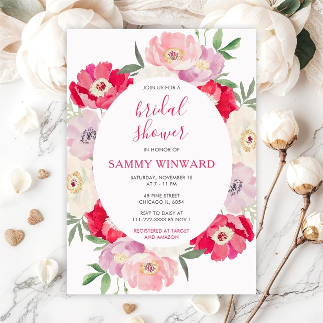 Pink and Red Peony Flowers Bridal Shower Invitation (Creator Uploaded)