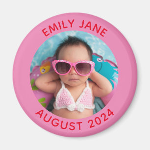 Pink and Red Personalised Round Family Photo Magnet