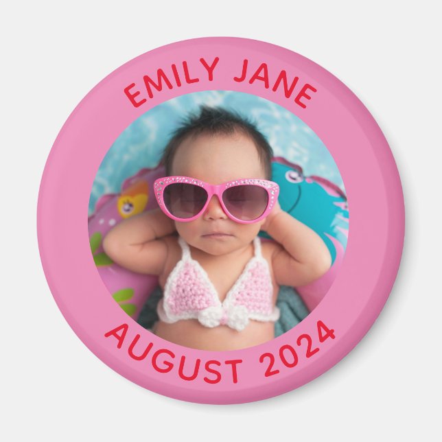 Pink and Red Personalised Round Family Photo Magnet (Front)