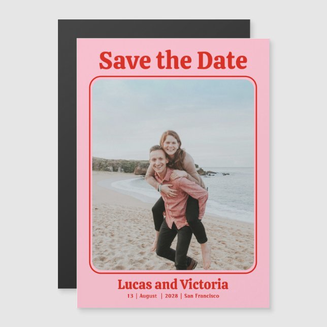 Pink and Red Photo Wedding Save the Date Magnetic Invitation (Front/Back)