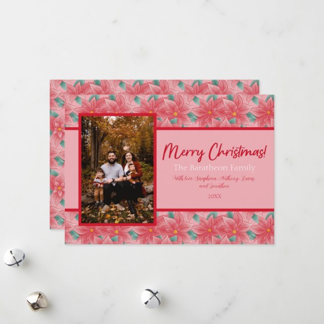 Pink And Red Poinsettia Personalised Photo Family Holiday Card (Front/Back In Situ)