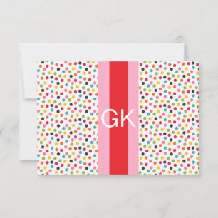 Pink and Red Polka Dot Monogram Flat Note Card