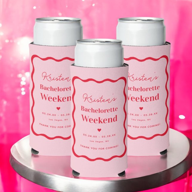 Pink and Red Retro Bachelorette Party Favours Seltzer Can Cooler (Creator Uploaded)